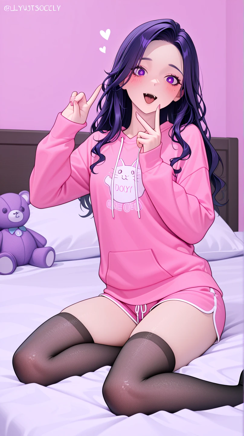 Girl, beautiful,black hair,medium hair,wear a light blue shirt, wear a pink panties,sit on the bed