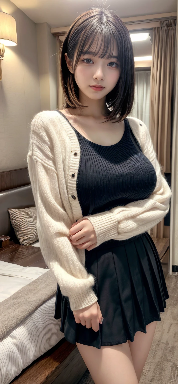masterpiece, best quality, illustration, Super detailed, fine details, High resolution, 8K,wall paper, perfect dynamic composition,(Details High quality, realistic depiction of eyes:1.3), short hair, Gorgeous and stylish black fluffy latest trend Tokyo winter clothes, wool sweater, A-line skirt, short bob hair, black hair color, Big Natural Color Lip, sexy pose, crying a little、cold gaze, Harajuku style、20 year old girl、cute type、lolita, hposing Gravure Idol, full body photo、focus on crotch, huge breasts