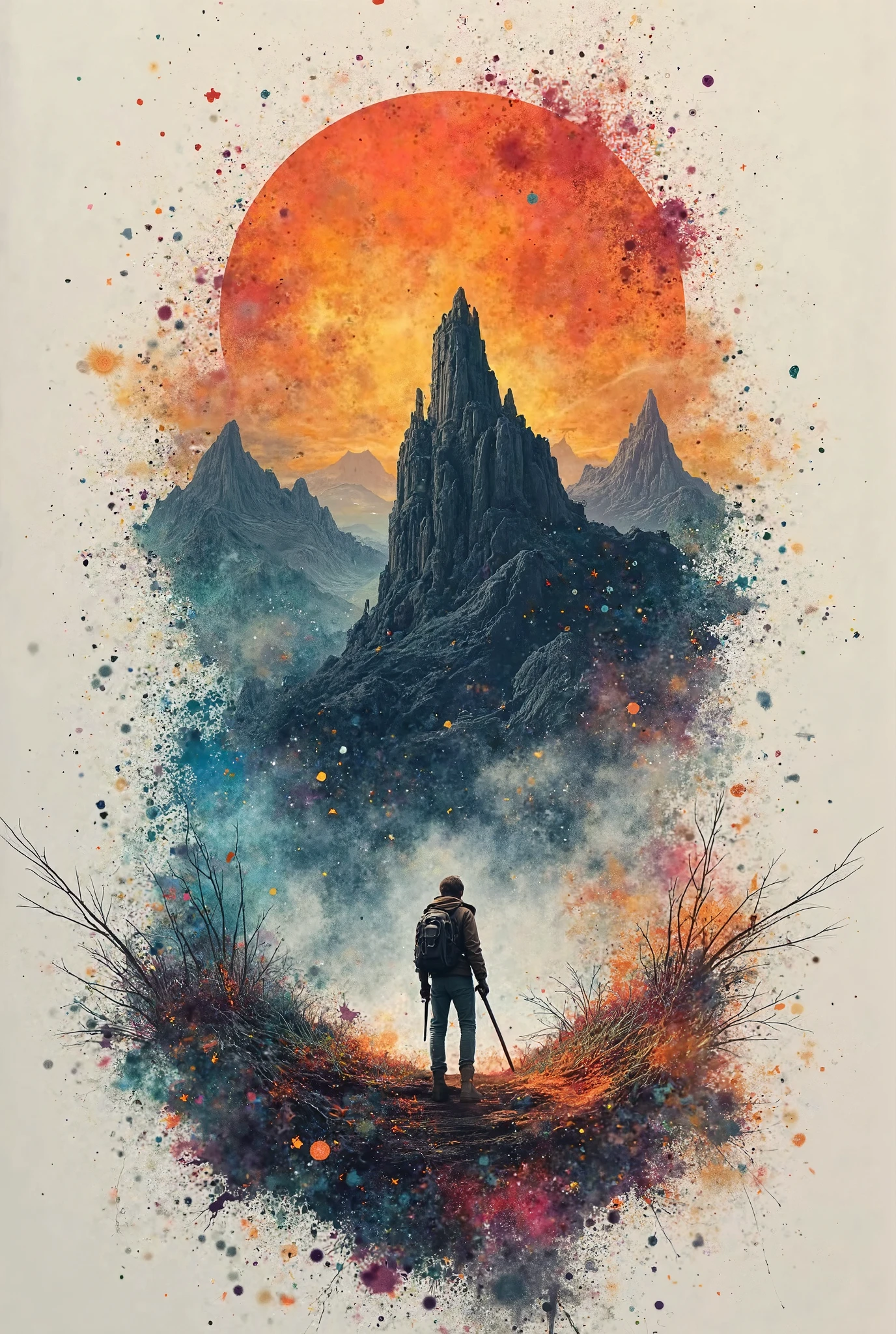 Veil of the Frontier — Marvel
Description: Create a digital art of a logo that reveals itself as an unexplored territory, symbolizing the tension between order and chaos, aligning with the archetype of the Explorer.
Visual Composition:

two layers:

Front Layer: Show minimal lines elegant in white that form the outline of logo, representing the known and the order.

Back Veil Layer: Reveal explosions of chaotic colors with the effects of aqueous paints and charcoal doodles, symbolizing the unknown and the unpredictable.

Visual Metaphor: The overlapping of the layers must convey the idea that, when removing the veil (either physically, in packages, or digitally via AR), a territory full of possibilities is revealed, suggesting that Marvel is a frontier to be explored.
 Colors and Textures :

The white front layer provides clarity and definition.

The back layer uses a vibrant mix of colors reminiscent of explosions and chaos, with textures that simulate both the fluidity of watercolor and the energy of charcoal doodles.
 Versatility :

The design must allow a flexible application: the veil can be “removed” to reveal the inner content, whether in physical campaigns or digital experiences (as augmented reality).
Objetivo:

Convey curiosity and the feeling of being on the verge of a new discovery, encapsulating the essence of the Explorer who challenges the known and ventures into the unexplored.