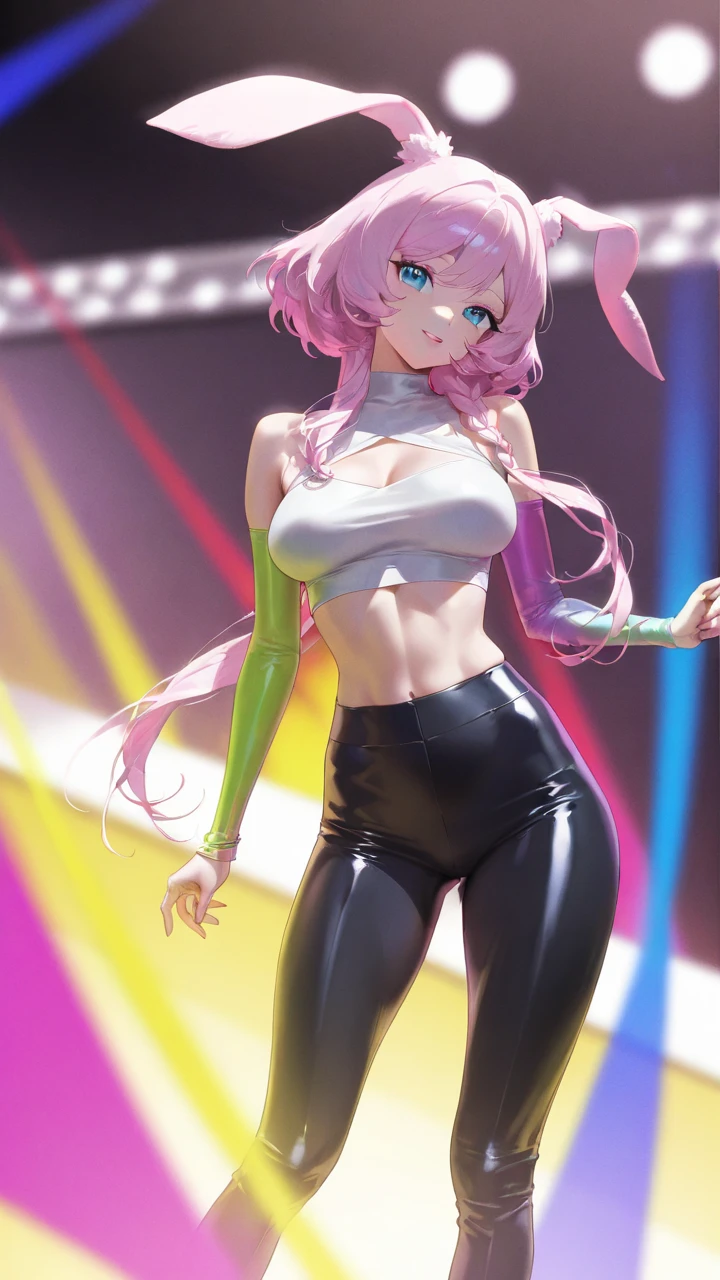 A fit young woman in her 20s wearing a bright yellow sports bra and black leggings. She has long, straight pink hair .with a confident smile on her face. on the stage. 카메라를 바라본다
huge boobs,she is walking .