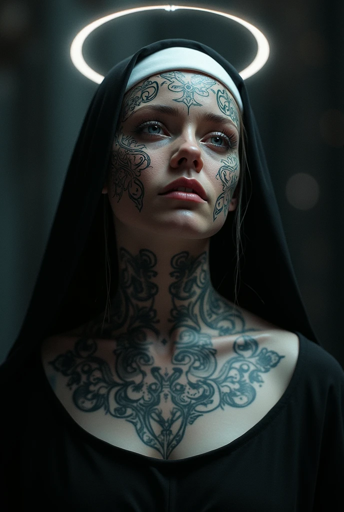 a symmetrical close up portrait of a nun praying , big breasted demon , smoking , with tattoos on face and neck, anime design, intricate design, (incredibly detailed:1.4), (extremely fine details:1.35), Extremely sharp lines, photorealistic, (Best Quality, high quality, absurdities, intricate detail, Masterpiece, cinematographic), Very detailed, motion blur, film grain, noise, lens effects,
