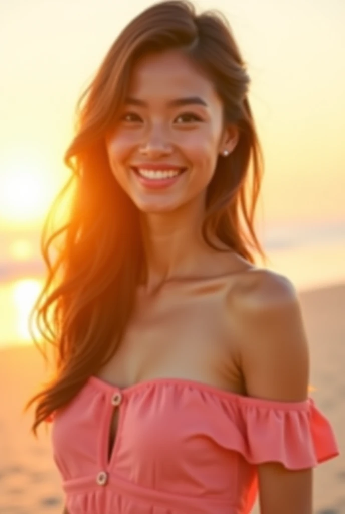 Floral bikini with beach floral shirt (breast), short dark hair, turning and looking at the camera, smile and ready to give you a kiss, she is standing in the ocean, light particles, wet look, golden hour, realistic, masterpiece, highest quality, lens flare, shade, bloom, [[chromatic aberration]], golden hour