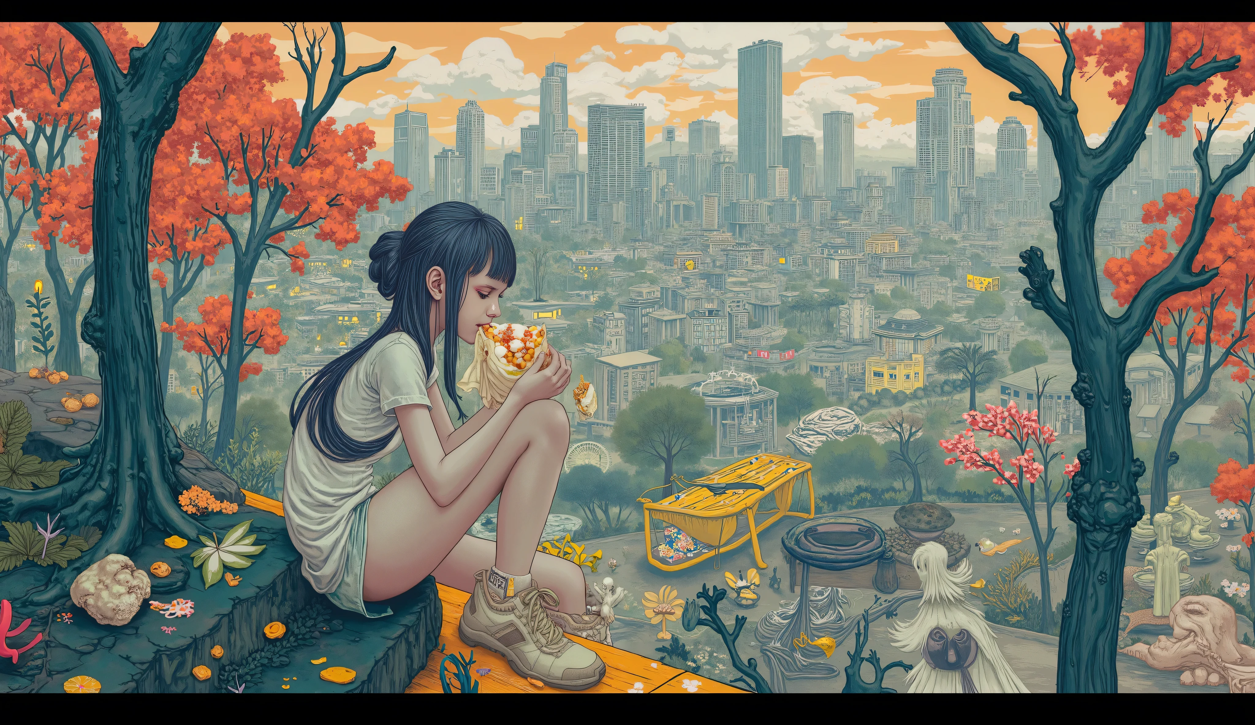surreal fantasy, james jean style, a girl sitting in a stairs eating a burrito in a park, background a big city. soft colors: digital art, atmospheric, high detail, akihiko yoshida, craig mullins, Canon50, Close-up, natural lighting