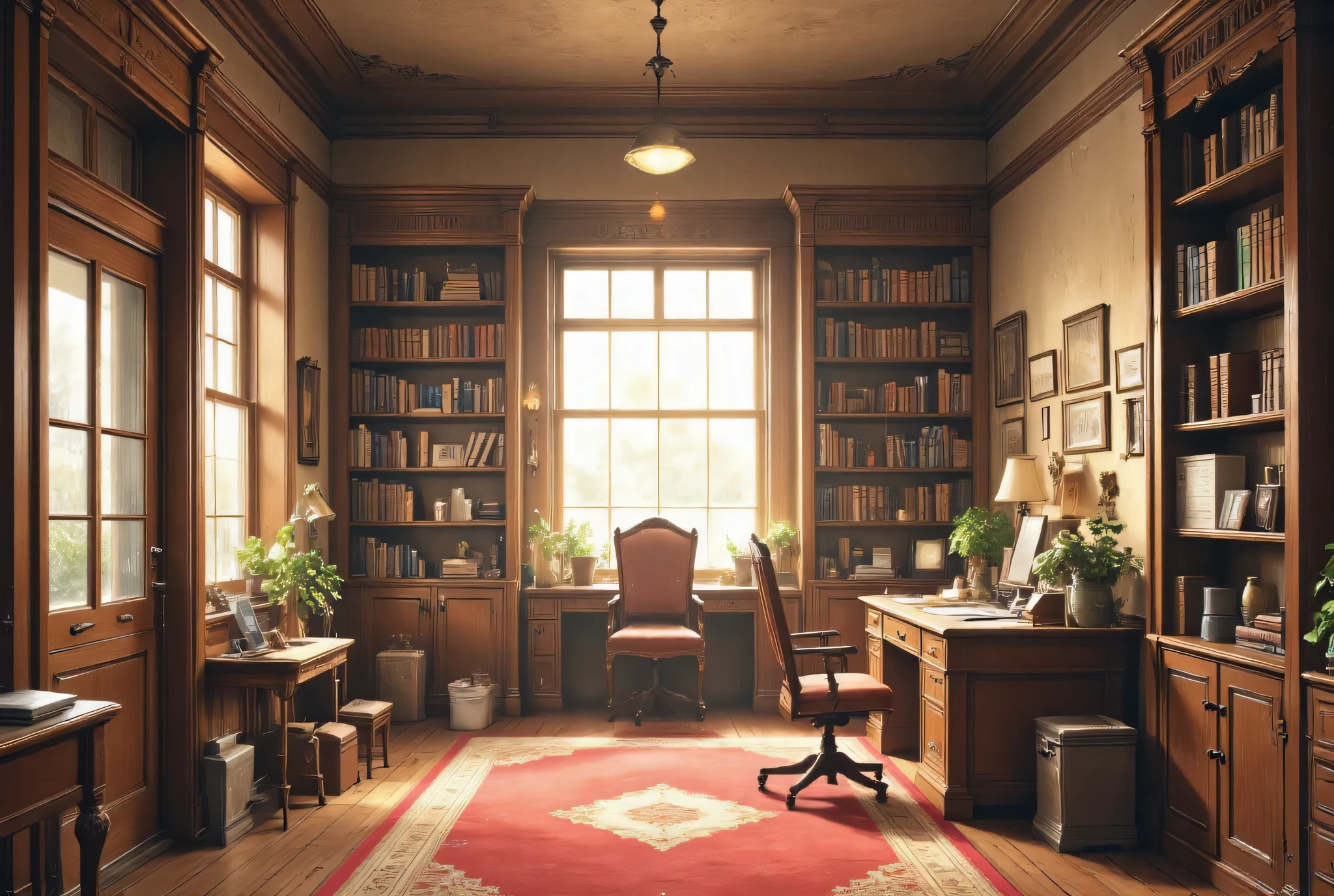 masterpiece, High Definition, Illustration, anime style, a home victorian office, simple, humble looking