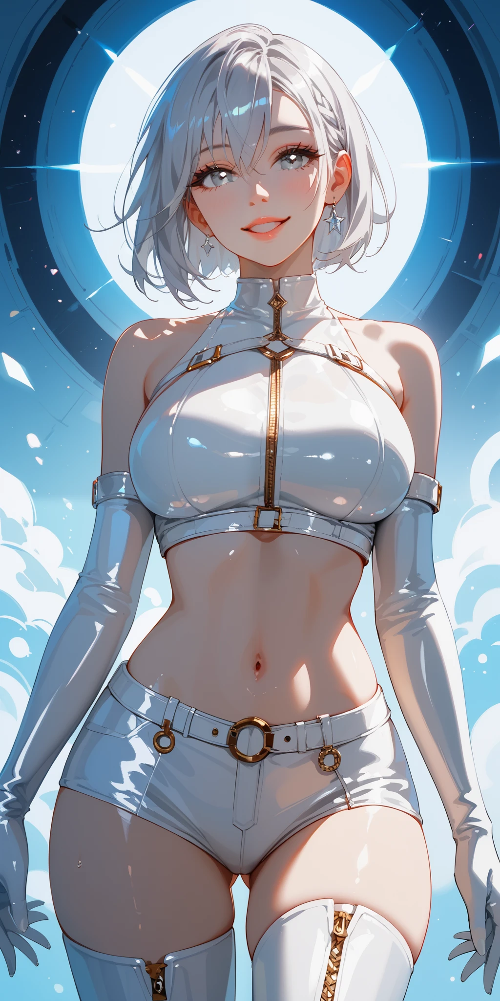 BREAK 1 Japanese girl, 18yo, ((shiny silver hair)), bob cut, bang between eyes, beautiful hair), ((glossy silver eyes:1.5)), (beautiful eyes, twinkle eyes), (athlete body, large breasts), cute face, beautiful face, pretty face, beautiful, good anatomy, long eyelashes, expressive eyes, Perfect Hands, happy, smile, glossy black lips, (close mouth:1.2), perfecteyes, BREAK 1girl, punk style all white costume, completely unified costume with white coloring,
high neck white latex crop top with punk motif design, glittering luster of white latex, shiny texture,
(countless rows of rivets on costume),
sleeveless, exposed shoulders, cold shoulders,
fusion of white latex long sleeves and white latex long gloves, white latex fabric covers from upper arms to fingertips,
stomach, navel,
white latex flared skirt with punk motif design, wide A-line, miniskirt,
white latex high platform thigh-high boots with heels, countless rows of rivets on thigh-high boots, BREAK 1girl, in white future space ship, close eyes, standing straightly, BREAK soft lighting, score_9, score_8_up, score_7_up, score_6_up, score_5_up,score_4_up,