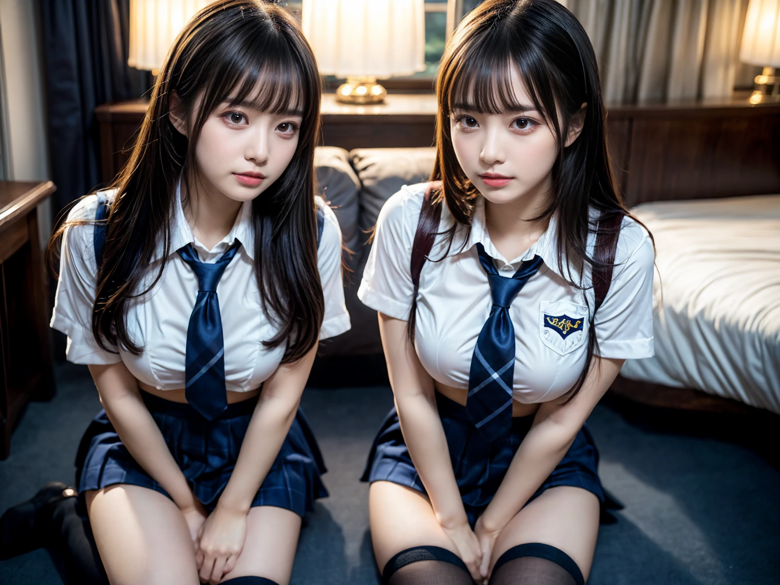 (8K, Raw photography, top-quality, ​masterpiece:1.2), master piece, best quality, illustration, Super detailed, fine details, High resolution, 8K,wall paper, perfect dynamic composition,(Details High quality, realistic depiction of eyes:1.3), ((2 girls, 2 schoolgirls)), The background is a luxury hotel room、High school girl uniform、blazer 、Super Short Check Uniform Skirt、Navy blue high socks、garterbelts、Colossal tits、Disturbed uniform, Play with each other,Touching each other's bodies,Touching the body of the girl next door, short bob hair, black hair color, huge breasts, Big Natural Color Lip, bold sexy pose, (perfect body shape), crying a little、cold gaze,  Beautiful makeup,glitter makeup,Cutest 18 years old, beautiful legs, hposing Gravure Idol, Voluptuous thighs