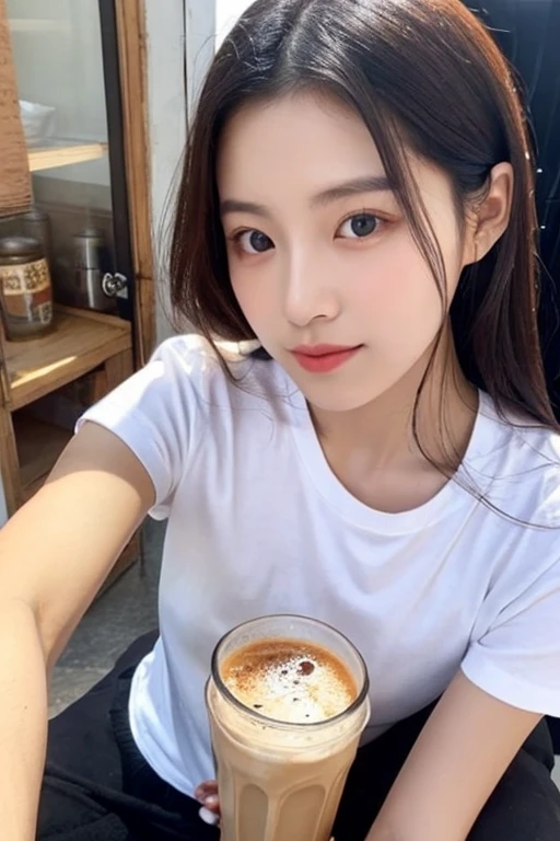 there is a woman that is sitting down with a drink, dang my linh, mai anh tran, nivanh chanthara, hoang long ly, in style of lam manh, 2 7 years old, 2 8 years old, sakimi chan, 3 0 years old woman, 30 years old woman, inspired by Ni Yuanlu