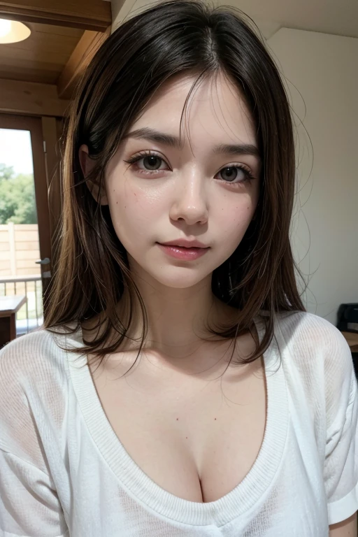 ((Best quality, 8k, Masterpiece :1.3)), 1girl, Pretty woman with emphasizing slender abs :1.3, (random hairstyles, Huge breasts :1.2), Casual outfit :1.2, Indoor, Ultra-detailed face, Detailed eyes, Double eyelid