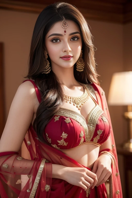 portrait of A confident-looking indian woman princess with long flowing hair, hazel eyes, with orange black saree, a smile on the face, royal and lusty look, red bindi, standing in cricket stadium, c-cup breast, perfect composition, hyperrealistic, super detailed, 8k, high quality, trending art, trending on artstation, sharp focus, sexy photo, intricate details, highly detailed, art by Greg Rutkowski