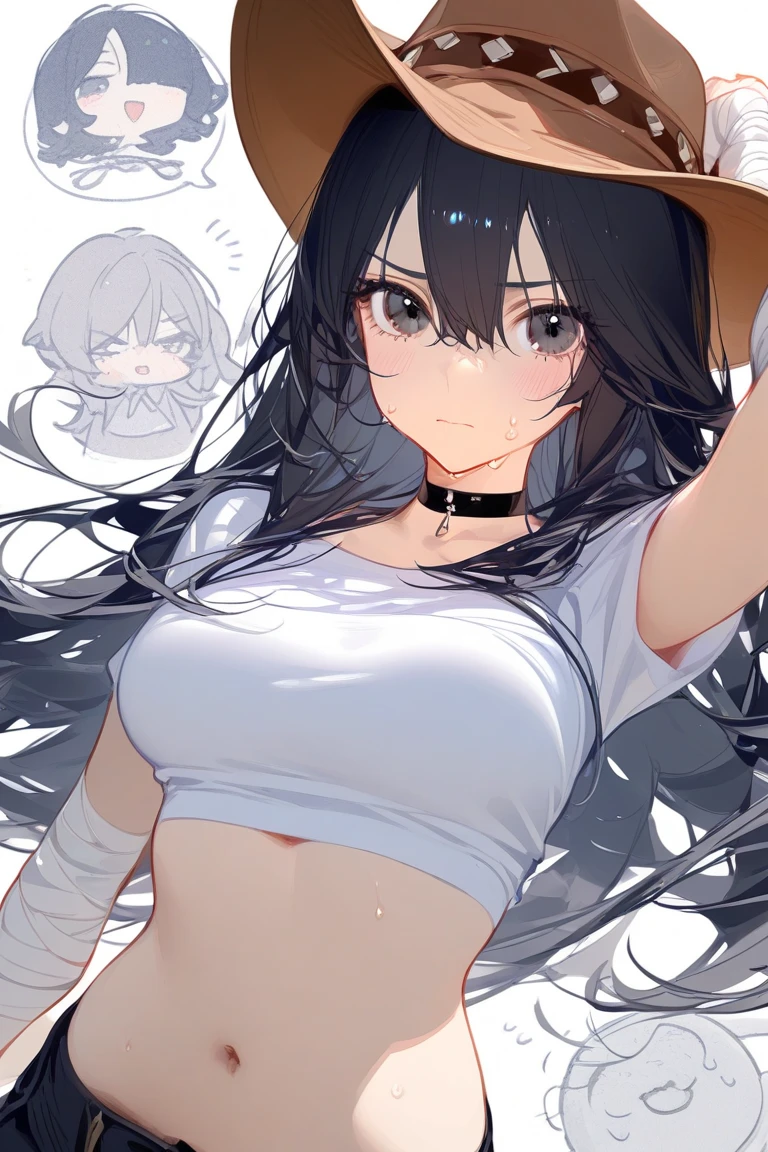 Gray hot pants、1girl in、Colossal tits、high-level image quality、hightquality、Long black hair、Spoblar