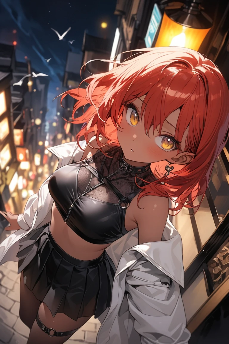 Auntie Vixen, 1girl, animal ears, Color: Red, Orange, female focus, 1 fox tail, Red tail of the best quality, exteriors, hood, a tree, Detailed background, orange jacket, fur-trim, Furry, fur-trimmed sleeves, Orange fur coat with fur trim, Fox ears of the best quality, a 1girl, 独奏, Focus Photo, Smile, blusher, looking a viewer, the night, Deep Night, winter, It's snowing, detailed black eyes, Detailed beautiful black eyes, detailized face, Heightened sexuality, big breastes, skinny waist, A full body girl, Girl in a skirt, Girl in black stockings, beste-Qualit,in detail,high-resolution illustration, Cute, canny smile, blusher, voluminous breasts, Vulgar girl, fluffy fur, Ultra Detailed, 8K,  by chochi, auntie vixen, red fur, red hair, hair bun, glasses, black ear tips, single tail, properly positioned tail, black furred hands and legs,