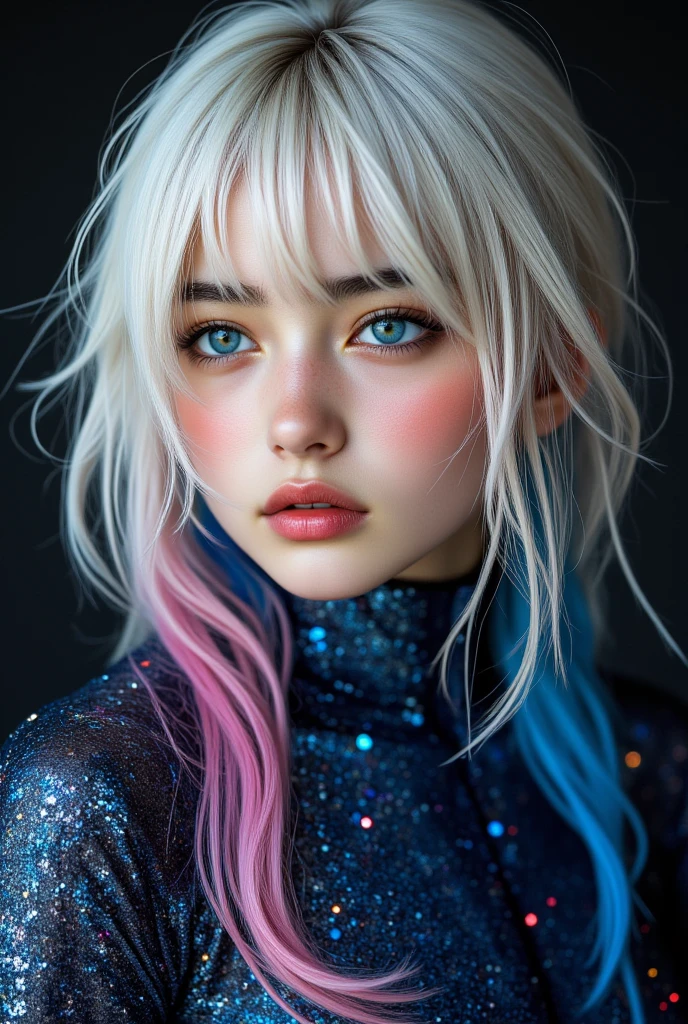 photo of girl standing in front of a silver blue wall, hands behind the body, silver blue shirt, very big lips, brown eyes, freckles, surreal dramatic lighting shadow (lofi, analog-style), kodak film, pink and silver blue tones, glitter, shiny, dream shot, sharp details, standing, yellow makeup, defined edges, glistening body,