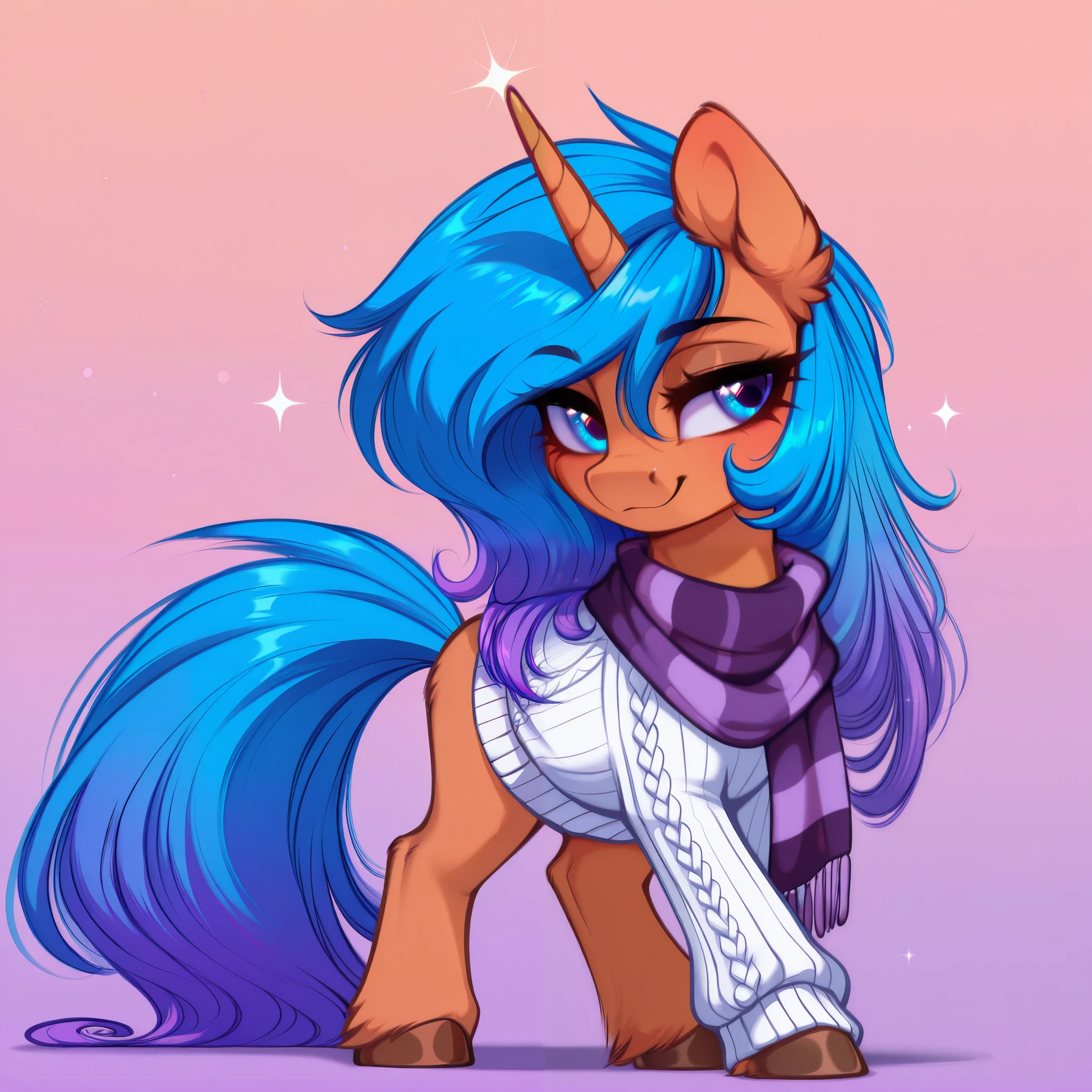 score_9, score_8_up, score_7_up, score_6_up, score_5_up, score_4_up, show accurate, full body, simple background, feral pony, male pony, charming appearance, original character, unicorn with a slight glow to the horn, warm chocolate brown body with hints of deep violet shades, a dark mane with vibrant streaks of lavender and caramel, flowing wavy mane that cascades gently, bright expressive blue eyes reflecting curiosity and playfulness, adorned with a fashionable scarf in soft blue and white tones, cozy and inviting demeanor, High Resolution, medium-length hair, boy, male pony, casual outfit featuring a comfortable sweater with light layers, no wings, background with playful elements that add a whimsical charm, minimalistic yet engaging with an emphasis on character’s charisma, smooth cheerful pose, sparkling details around the character that highlight youthfulness and energy.
warmcolors, (SuperQuality:1.0) ~ (SuperQuality:1.2), deep_negative_pony, CSPNY1, PonyScores, PDXLneg-NoAniPny