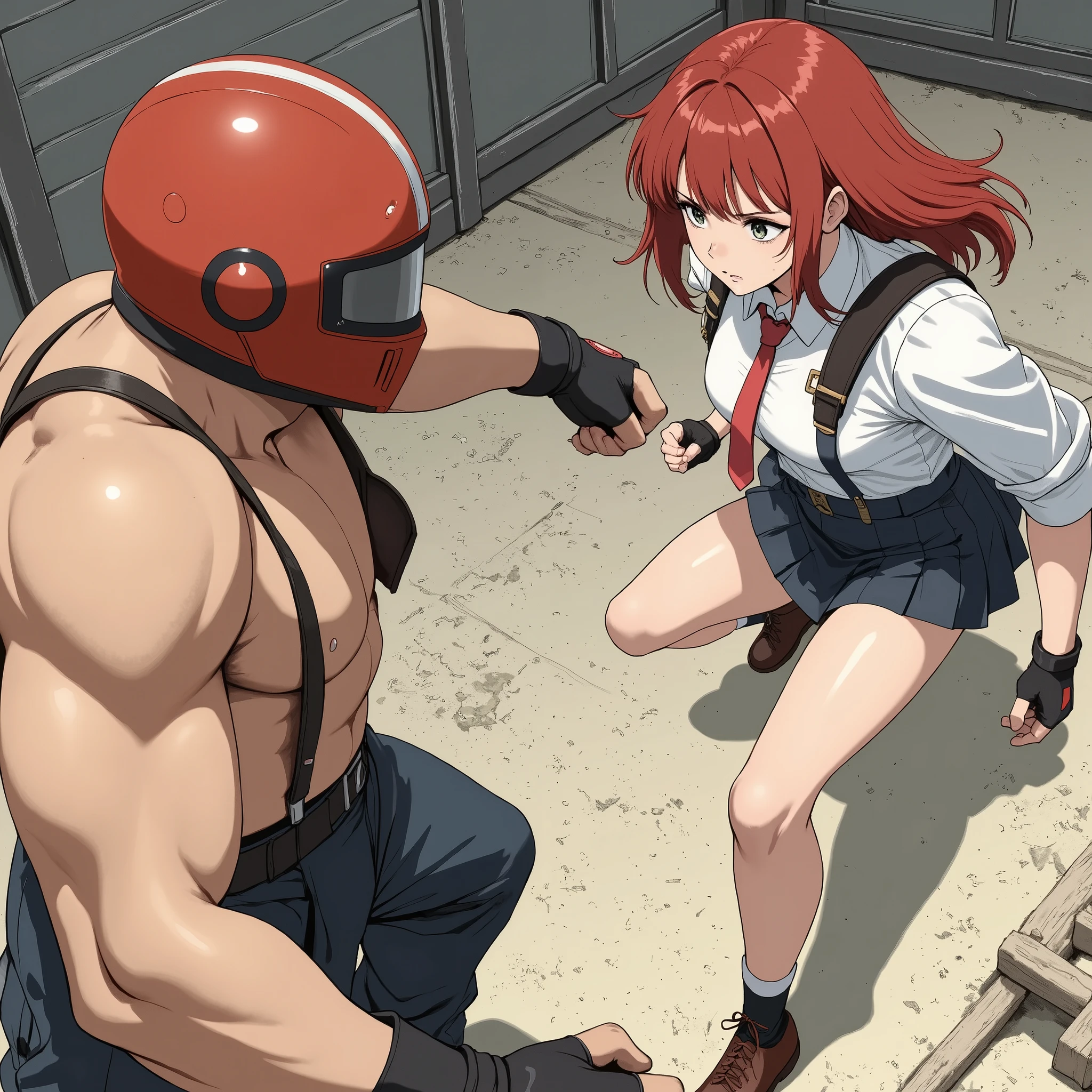 (masterpiece, top quality:1.2),hand,Perfect Hand。。Fighting、。anatomically correct、 Active Angle。1 girl, 1 boy ,fight、Staring at each other。female。Female criminal。。combat posture。。,face to face。(female:blue suspenders, blue Pleated Miniskirt,white Long sleeve white blouse,black fingerless gloves,Red tie,White socks, loafers,Straight hair,Long hair ,Red Hair, blunt bangs,。Sharp Eye。。)( male:helmet。shirtless。 thug )。egmid。
battle of the sexes,handfixer.。80sanime