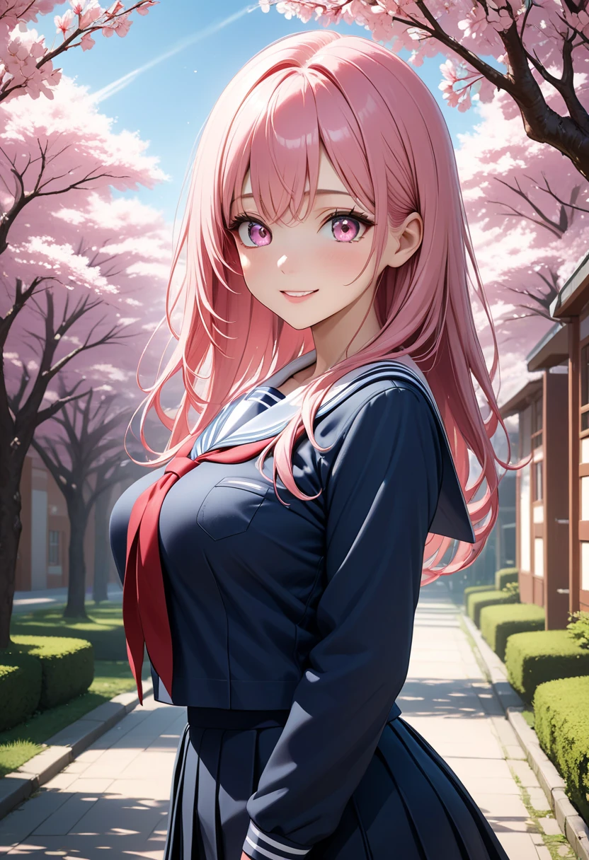 highest quality、High resolution、detailed background、beautiful and detailed face、beautiful and smooth skin、skin texture、professional lighting、Beautiful teenage girl、(huge breasts:1.1)、ピンクのsleevelessセーラー服、white sailor collar、plaid pleated mini skirt、cute編込みヘアスタイル、pink knee high socks、pink knee socks、((cherry blossoms舞い散る木の下に寝そべる))、cherry blossoms、Big tree、大量のcherry blossomsの花びらが舞う、cherry blossomsの花びらを広げて、smile a little sadly、show the whole body、underboob、emphasize cleavage、panty shot、cuteピンクのパンティー、sleeveless、cute