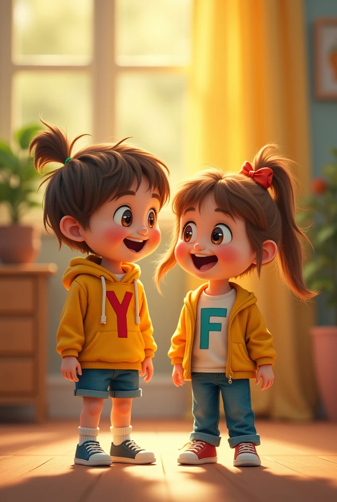 5 year old boy and girl, Venezuelan, with yellow flannel, and long navy blue sports pants and black sports shoes