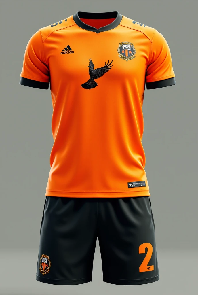 Customize a soccer uniform in the primary color orange, black secondary color and dark blue shorts and logo on the left chest written bela vista
