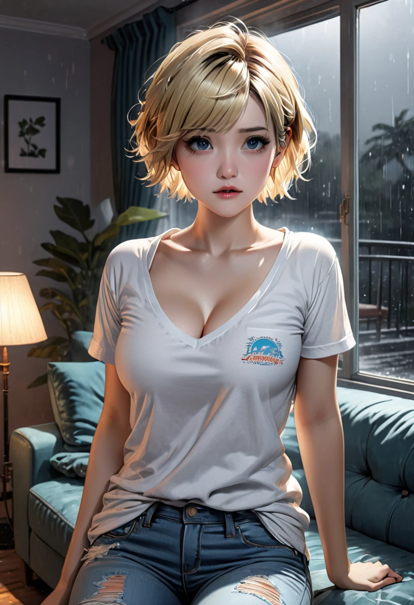 masterpiece,ultra realistic,32k,extremely detailed CG unity 8k wallpaper, best quality,(spring day ),
lady ,necklace ,eardrop, The Swiss Alps, Switzerland, ( Light Yellow buttoned shirt ),short denim pants,(sexy) ,(medium breast),Honey blonde hair Bob ,cleavage, collarbone