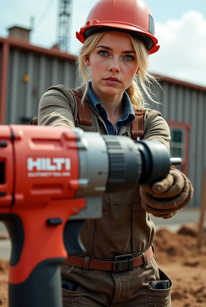 Wearing red pants and a yellow t-shirt is holding a rocket launcher gun. her hair is blonde. 
