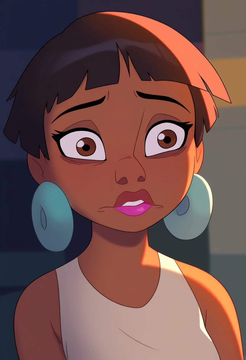  Beautiful woman bent over and looking up at viwer, black hair, 26 years old, tank top, brown eyes, choker, tan skin, surprised candid look, doe eyes, thong visible, wide hips small waist, brown cornrows hair, light freckles on nose bridge, tight shirt no bra under, seductive, licking lips