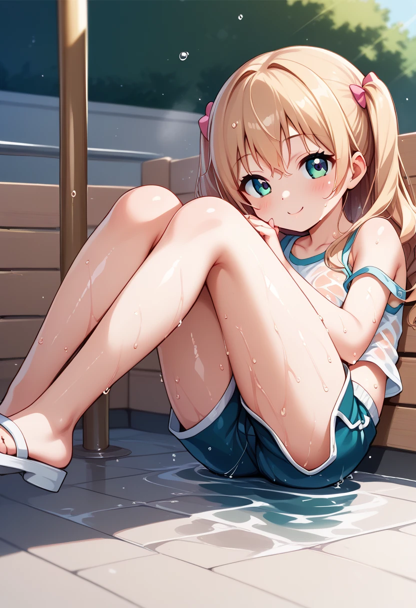 hiten kei style, claude monet, oil painting, masterpiece, hyper realistic, realistic skin, best quality, 1girl, city pop, poolside, looking at another, topless, full body, vector illustration, nipples, light smile, blunt bangs, long hair, stomach, navel, bare shoulders, blonde, ponytail, wet, soaked, people on background, manila, raining, denim shorts, , , tropical, sneakers, laughing, hands up, jumping, tongue out, long tongue, leaning forward, collarbones, fat tongue, huge tongue