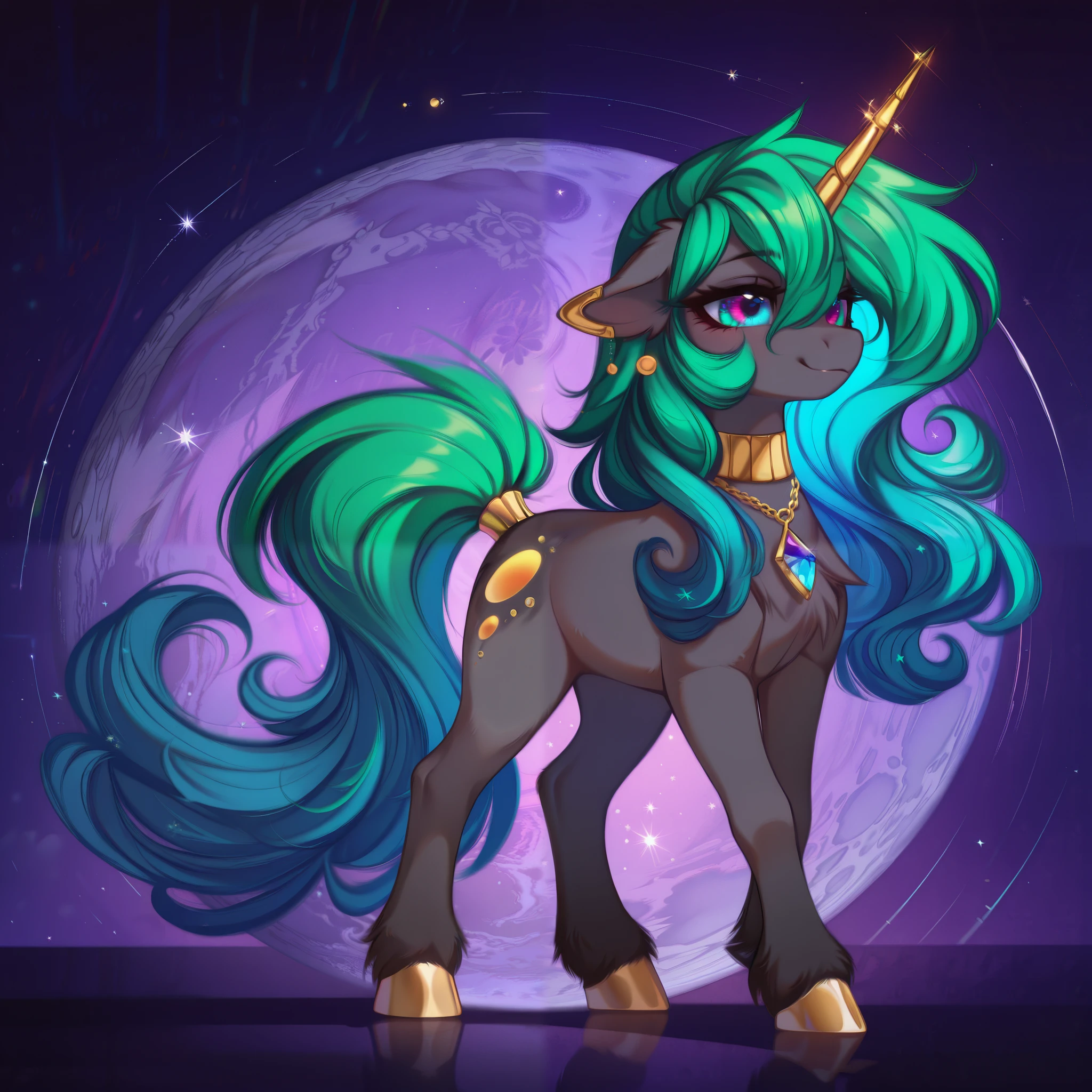 score_9, score_8_up, score_7_up, score_6_up, score_5_up, score_4_up, show accurate, full body, simple background, feral pony, female pony, mesmerizing appearance, original character, alicorn with an iridescent crystal horn, multi-toned body featuring a gradient from deep midnight blue to soft caramel with cream undertones, extraordinarily detailed mane combining black, purple, caramel and silver strands with starlight sparkles woven throughout, flowing wavy hair styled in an elegant yet slightly messy fashion with occasional braided sections adorned with crystalline beads, heterochromatic eyes - one deep blue with golden flecks, one emerald green with silver highlights, delicate star and moon patterns scattered across flanks, High Resolution, medium-length layered mane and tail with occasional curls, intricate outfit combining elements of both casual and formal wear - featuring a modified military-style jacket in deep purple with golden trim, layered with a soft cream-colored scarf with geometric patterns, detailed accessories including crystal-studded ear cuffs, delicate chain necklaces with moon pendants, golden hoof guards with intricate engravings, magical aura surrounding horn shifts between blue and golden hues, background featuring a blend of mystical elements - floating crystals, star trails, and subtle moon phases, sophisticated pose showing both grace and strength, ethereal sparkles and mist effects surrounding the character, multiple small floating gems and stars integrated into the mane and tail
теплые цвета, (SвверхerQuality:1.0) ~ (SвверхerQuality:1.2), глубокий_отрицательный_, , PonyScores, PDXLneg-NoAniPny