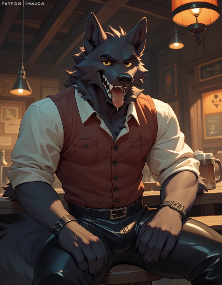 Solitary, Publaz, Fluffy German Shepherd, Muscular body, Handsome, Smile, open mouth, holding eyewear, Cool pose, nude
