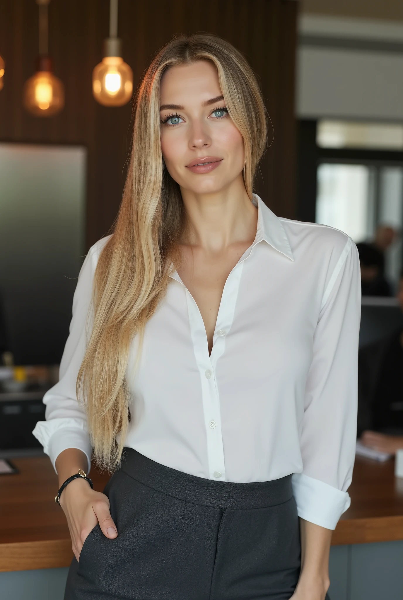 photography, ultra realistic photo, ultra HD, masterpiece, blonde girl, she is 25 years old, she has very perfect blue eyes, detailed eyes, perfect body, (big : 1.3), she is smiling, she has attractive eyes, perfect skin, (textured skin: 1.3), (full body 1.2), detailed face, elegant girl, perfect legs, full light on the face and the body, (she is wearing white shirt and black skirt: 1.3), she is in a coffee shop, (profile picture : 1.3), she is sensual, she is posing for a fashion magazine, she is smiling, (she has black make up : 1.3),