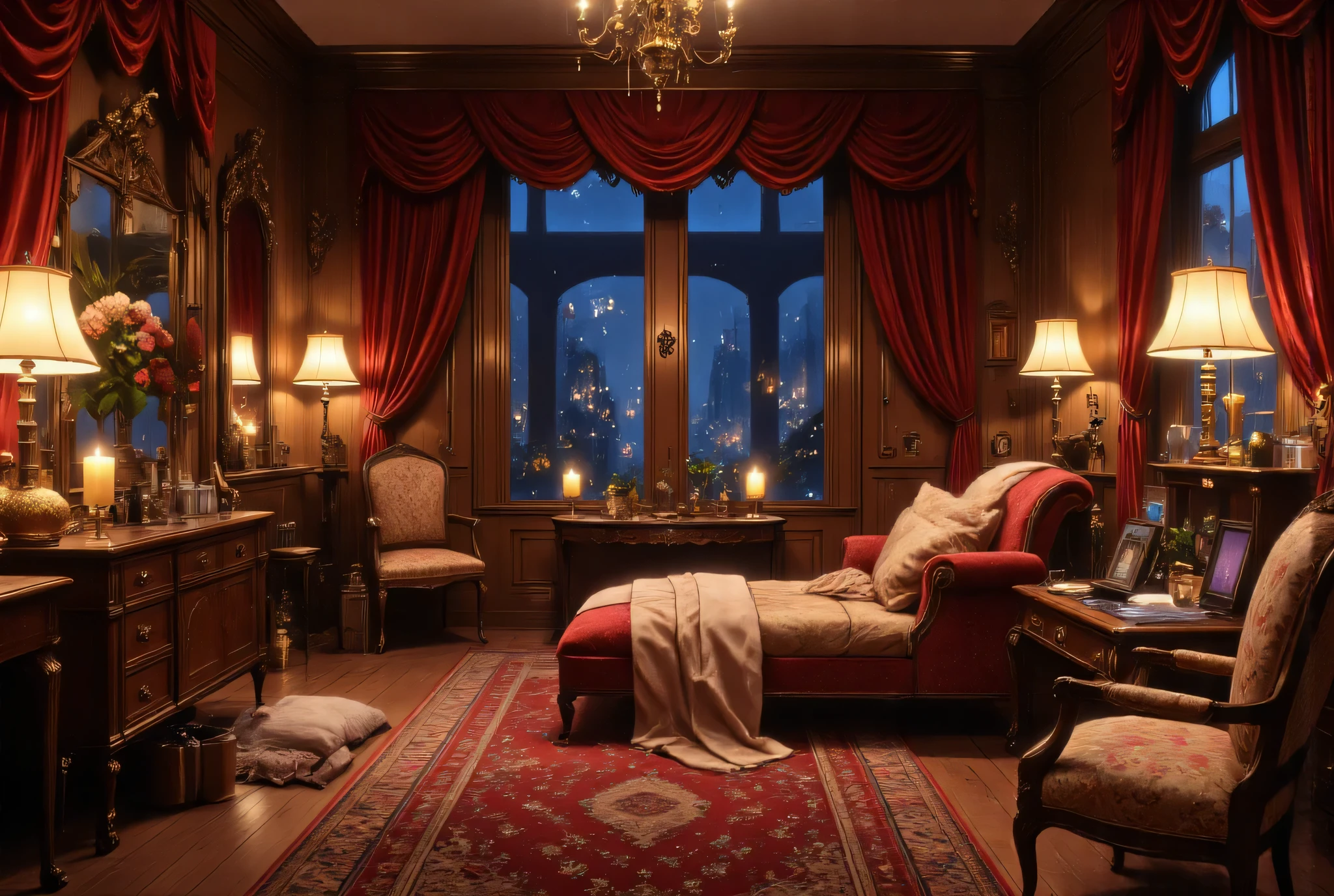 masterpiece, High Definition, Illustration, anime style, boudoir, a space created for sensual indulgence, a room of luxurious intimacy: plush velvet draped walls, low lighting, from scented candles and shaded lamps, rich oriental rugs upon polished wood floors, and a decadent chaise lounge or oversized cushions designed for languorous repose. Mirrors are strategically placed to amplify sensuality, and discreet storage holds luxurious fabrics, oils, pleasure objects.