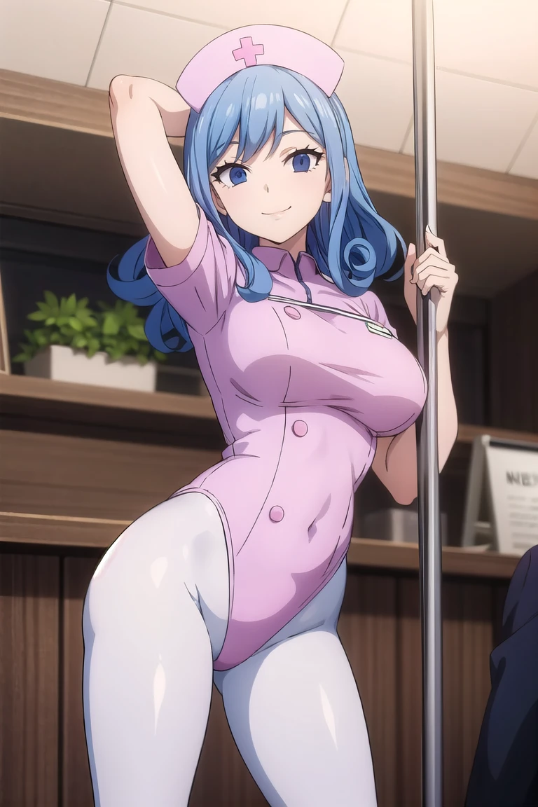 score_9, score_8_up, score_7_up, source_anime, 1girl, (Fuwa Kokone, blue hair, medium hair, green eyes), smile, micro bikini, blue blazer, zettai ryouiki thighhighs, looking at viewer, erect nipples, sagging breast, (skinny), (short stack:0.5), milf, futa, flaccid penis, cum burst, nsfw, standing, hands on hip, cafe