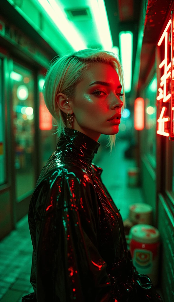 analogue photo of young blonde woman with cyberpunk hair, (((big boobs))) in a 1950 korean hotel elevator, ((green and red neon lights)), (((((high fashion clothes in the style of Alexander McQueen))))), supermodel, sexy model poses, masterpiece, eye level, Kodak Funsaver, Porta 160, 20mm, bokeh, in the style of Nan Goldin, textured, distressed, ((vintage)), edgy, noisy, high contrast, ((wrong framing))