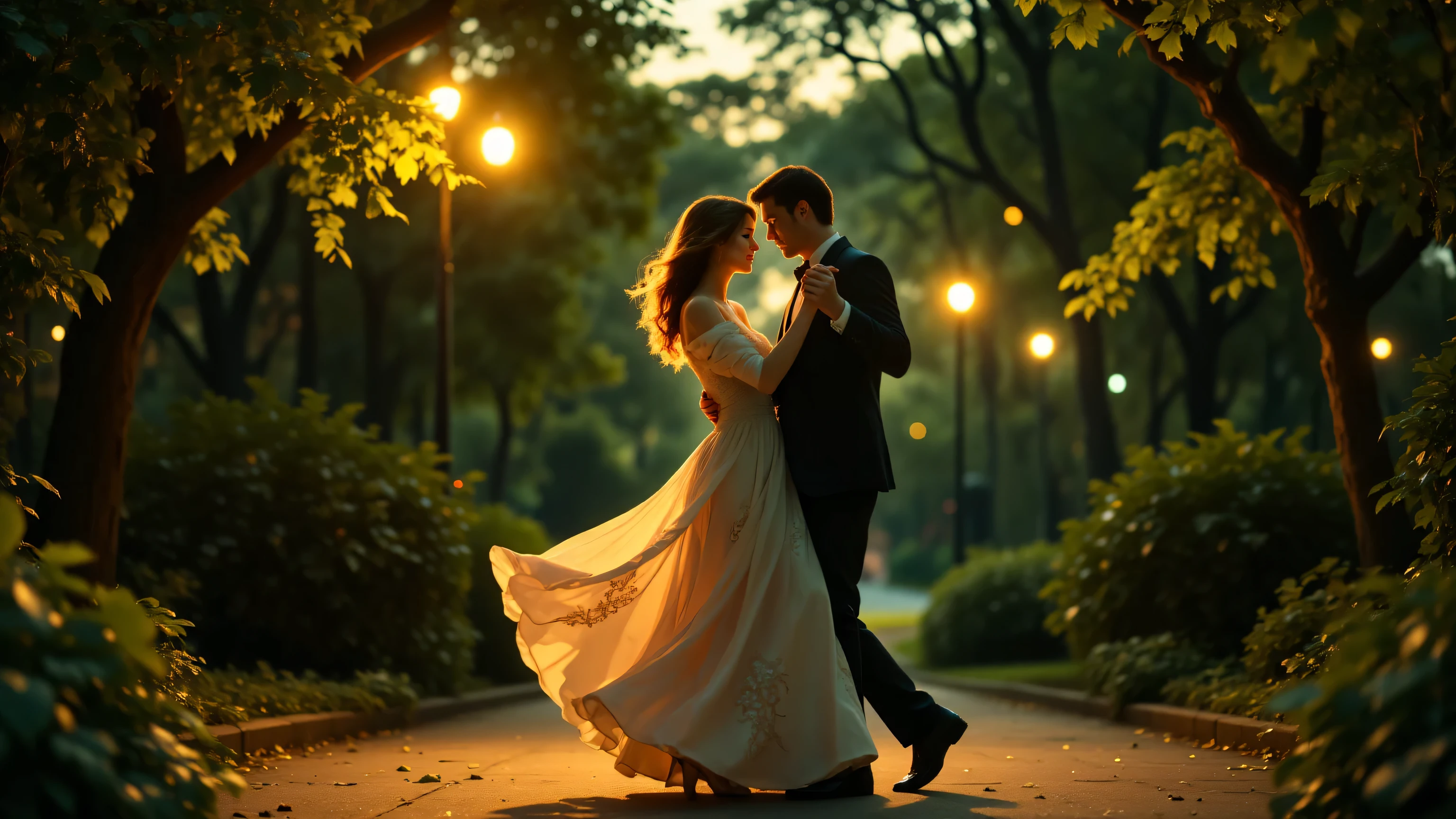 High quality, realistic photo. 4k image. Beautiful woman and man dancing in the park. Evening environment, lights in the night.