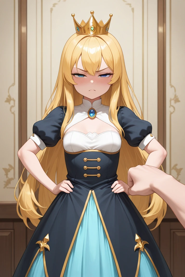 A princess girl, 18-year-old tsundere, is thin and short in stature, Small , long blond hair, cejas fruncidas, Half open eyes, embarrassed expression, dress, corona, and he grabs his hip with one hand.