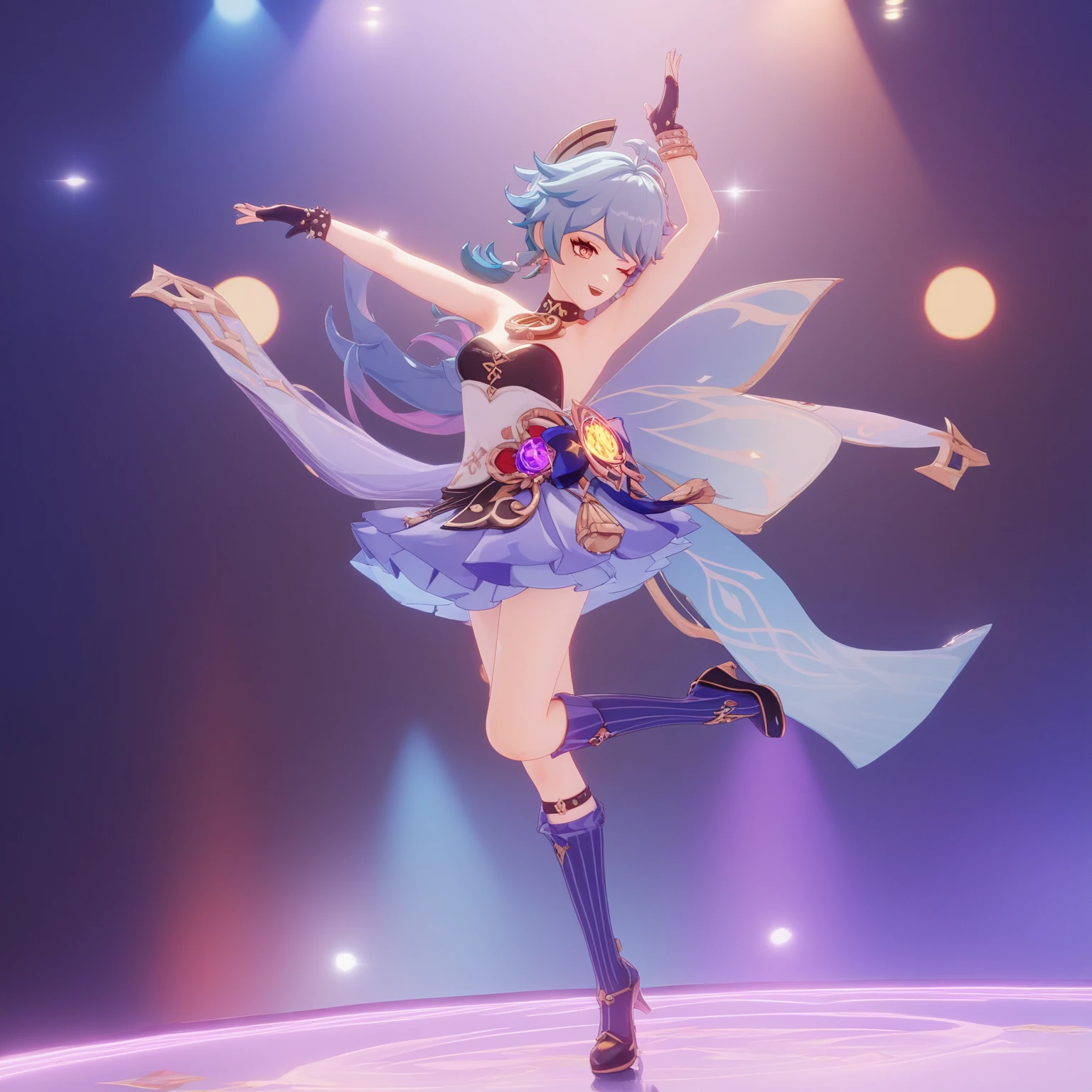 (Official art、Best Quality、Unity 8k Wallpapers、32K、masterpiece、ultra-detailliert、超A high resolution、realisitic、Photorealsitic:1.2)、(Cinematic lighting:1.2)、(Full body)、Realistic pupils、Sharp pupils、Blue and white figure skating costume、While skating、frilld、foco nítido、(Self-filling appearance:1.2)、I opened my mouth a little、A slight smil、There were a lot of people in the audience、It has an enthusiastic audience、(braided ponytails、Silvery beautiful hair、Ice blue eyes)、(Play Figure Skating、Stretch your arms and glide:1.2)、thighs thighs thighs thighs、(Sweating:1.2)、