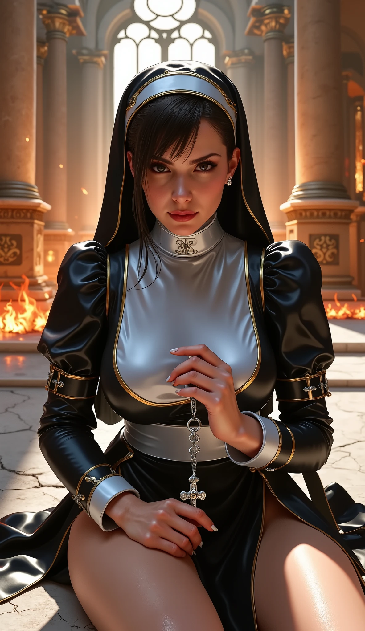 Hyperrealistic 8K photograph, intricate details, (lustful nun:1.3) kneeling in a burning opulent cathedral at night, wearing a skin-tight black latex nun habit with traditional white bib and loose coif (veil) draped over her shoulders, strands of dark hair escaping the coif, deep plunging neckline exposing cleavage, holding a silver rosary with crucifix between her flawless hands (no deformities, perfect anatomy), mischievous smile, flushed cheeks, and piercing seductive gaze directed at the viewer, surrounded by flames engulfing marble pillars and golden relics, moonlight streaming through shattered stained-glass windows blending with fiery orange hues, candles flickering on the floor casting golden accents, sweat glistening on her skin, ultra-realistic textures (glossy latex, tousled hair, metallic rosary, cracked marble), sharp focus on face and hands, shallow depth of field to blur collapsing arches and smoke, cinematic lighting with warm firelight and cool moonlight contrast, Artgerm-style realism, haunting atmosphere of sacred sin and rebellion, --v 5 --style raw --ar 9:16 (avoid deformities, ensure accurate proportions). Seductive smile to the viewer, (((keep the face and hair details of the selected LoRA))), (((keep the LoRA typical hairstyle)))