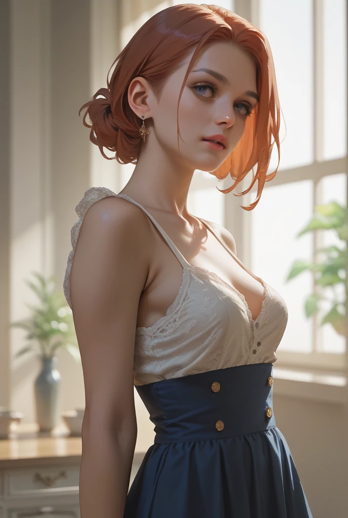 highres, masterpiece, perfect lighting, bloom, cinematic lighting, adult, female, perfect skin, looking at viewer, upper body, collarbone, wavy hair, necklace, suspenders, floral print, ponytail, freckles, red hair, sunlight, center opening, midriff, cleavage, sleeveless