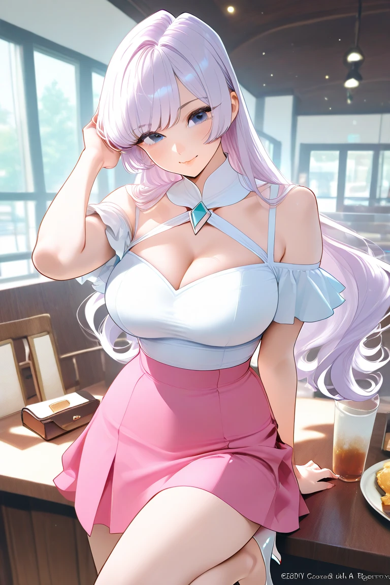 super high quality, (8k, RAW photo, realistic), detailed and delicate depiction and flashy and dynamic painting method, (white glossy wavy realistic hair, intelligent beauty, shining blue big eyes, full makeup, laugh, happy, shy, red big thick lips), annoying sexy expressions, huge breasts, slender, (one hand grabbing_own_breast and one hand grabbing_own_between legs), wearing pink cute knit long dress, background shop window, iridescent, professional flare lighting