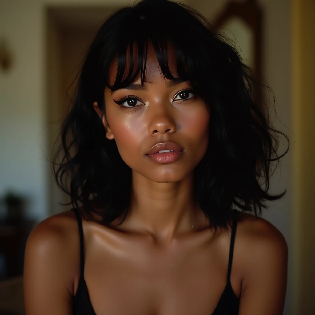 A hot 21yo milf, (glossy pink lipstick, light purple eyeliner), sensual eyes and long eyelashes, (glossy dark black hair bob haircut), tight V-neck unzipped shirt, sexy, ((mini skirt)), tanned, tan lines, front shot, warm light, long shot