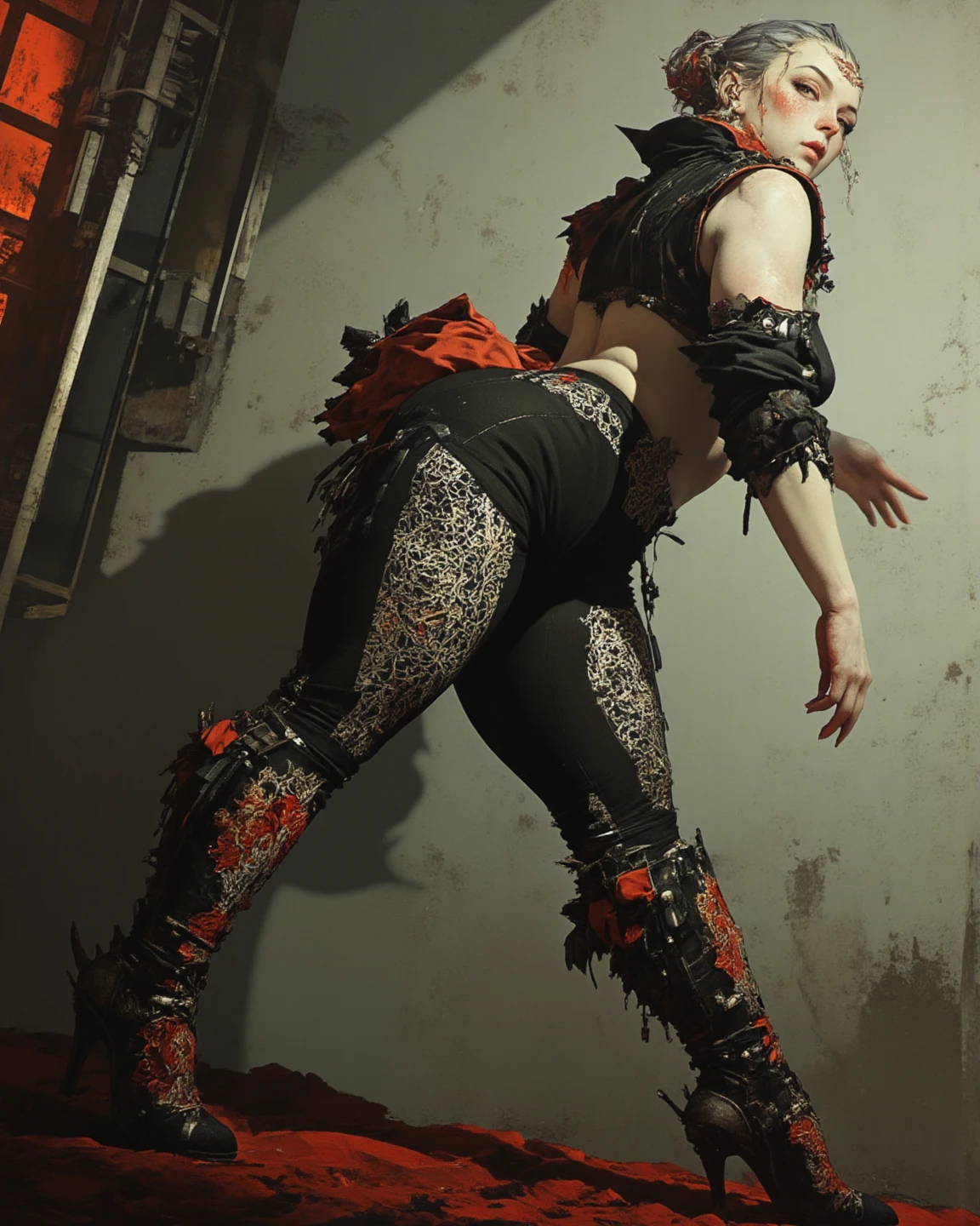 zPDXL, source_anime, caulifla, evil smile, evil, closed mouth, latex princess, stomach cutout, bare shoulders, thighhighs, standing, cowboy shot, evil visor, red visor, wire visor, 1girl, laboratory,
