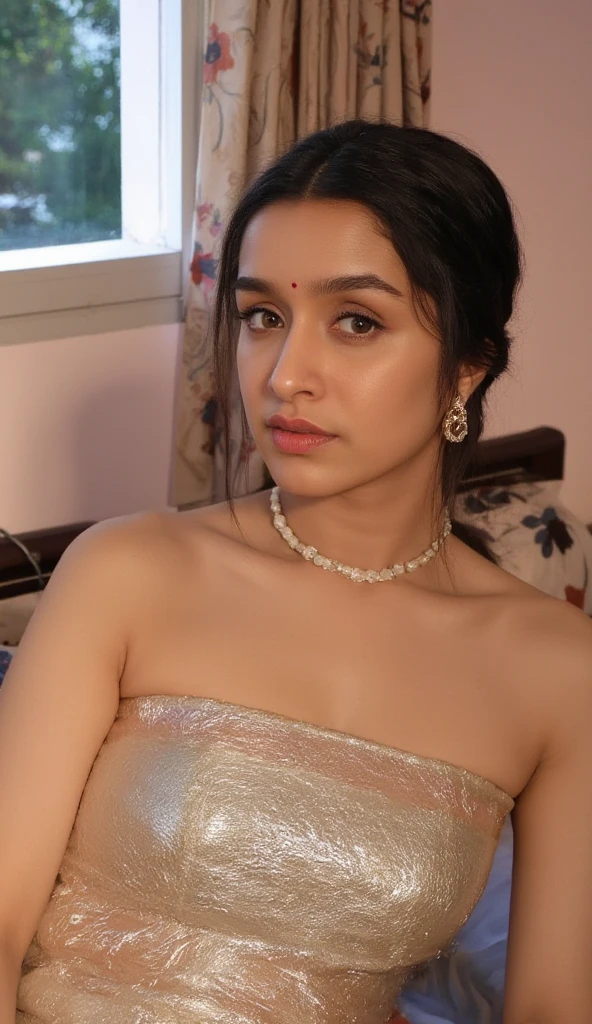 "Hyper-realistic portrayal of a breathtakingly beautiful woman adorned in a sari, exuding an ethereal and elven-like aura. The woman's features are meticulously rendered, showcasing her exquisite elegance and charm. The sari drapes gracefully over her form, its intricate patterns and rich colors capturing the eye. A necklace adorns her neck, its details reflecting light with astonishing realism. Her expression is serene and captivating, reflecting a goddess-like presence that is both regal and inviting. The portrait is shot in soft light, enhancing the woman's delicate features and emphasizing the subtle play of shadows and highlights. The image is a stunning 8K portrait, with every nuance of the woman's visage and attire depicted in remarkable detail. The backdrop complements her beauty, adding depth without distracting from the central focus."