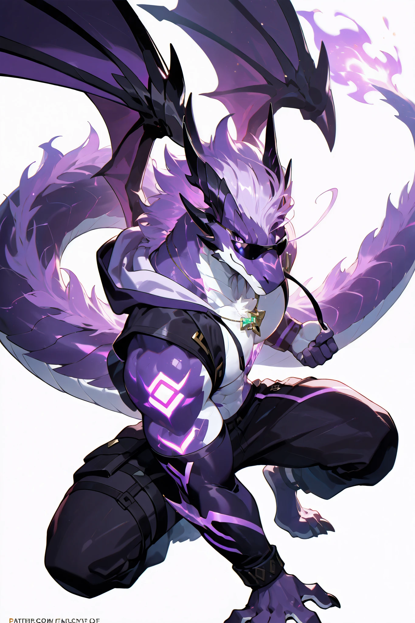 solo, silhouette, shadow of dragon, purple dragon, athletic character, wearing a purple sleeveless hoodie, purple detached sleeves, black parachute pants, circular black sunglasses, glowing fire demonic markings on chest, glowing demonic markings on face, wings, dragon wings, wallpaper quality, dynamic pose, chest-up, (Purple Scales, White chest, white fur, athletic body), flirty smile, neon lighting, purple eyes, light purple hair, simple background, white background, (muscular), gold ring, street style clothes, masterpiece, emerald necklace, pectorals, dynamic pose, correct anatomy, correct hands, best quality,