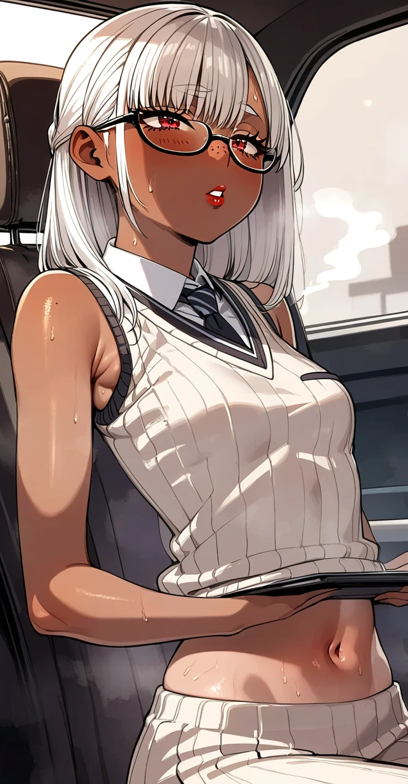 masterpiece, best quality, ultra-detailed, extremely detailed CG,best quality, beautiful, high resolution ,hyper realistic,1 girl,((vulgarity)),teenage ,beautiful girl,blond hair,slender body, straight hair,long hair,beautiful black eyes,extremely detailed face,(dark skin,tanned skin),half close eyes,separated lips,disdain,((vulgarity)),
BREAK (large breasts,bare collarbone),(school uniform,long sleeve shirt,plaid skirt),
BREAK ((hand covering crotch,hand on pussies,)),on back,(spread legs),(show off panties,leopards painted panties),(knees up),(hand between_legs),(hands open pussies),
BREAK from front,closing up to crotch ,in train,