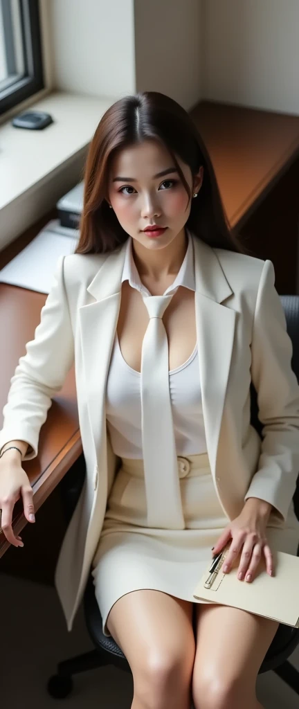 Intelligent serious woman、Light makeup、in 8K、top-quality、30-years old、Realistic rays、Bursting breasts beauty、Top image quality、Natural complexion、Company Desk、Sit on a chair、Company OL Blazer、jaket、Female Announcer、Lace sexy red panties on shirt、Panties visible from a normal-length skirt、Pretty figure、Trim your hair、Open your legs、、Lace sexy panties visible.updo hair、Female Announcer、Lipstick is light、