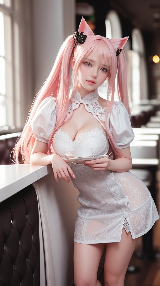 1girl,solo,happy face, teeth, white and black maid outfit, Colossal tits, pink cat ears, light pink hair, mega twin-tails, green eyes,(((standing in a restaurant))), Portrait, colossal tits, Huge bust, Raw photo, (8K、highest quality、masterpiece:1.2)、(Intricate details:1.4)、(Photorealistic:1.4)、Octane Rendering, Intricate 3D rendering super detailed, studio soft light, Rim Light, Vivid details, Super Detail, Realistic skin texture, Cheek gloss, details face, Very beautiful bright pale blue eyes, Very big eyes, Highly detailed CG Unity 16k wallpaper, perfect beauty, round face, Makeup, (Detailed background:1.2), Shiny skin, Full Body, From head to thighs, Cleavage,