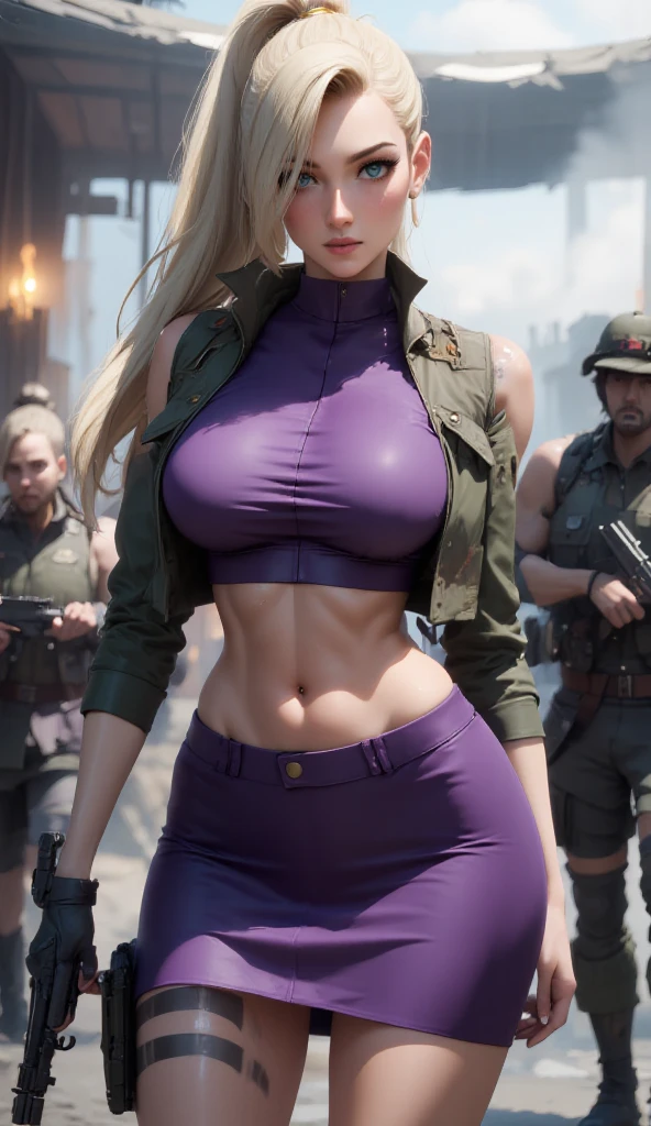 Sexy woman big breasts athletic body gym clothes robotic arms with a backpack on a road in the middle of the forest at midnight
