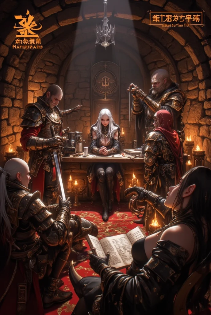 dungeon adventurers sitting around a table, arguing over the treasure. paladin, wizard, thief, sorceress. cinematic volumetric light. highly detailed faces, eyes, hair.