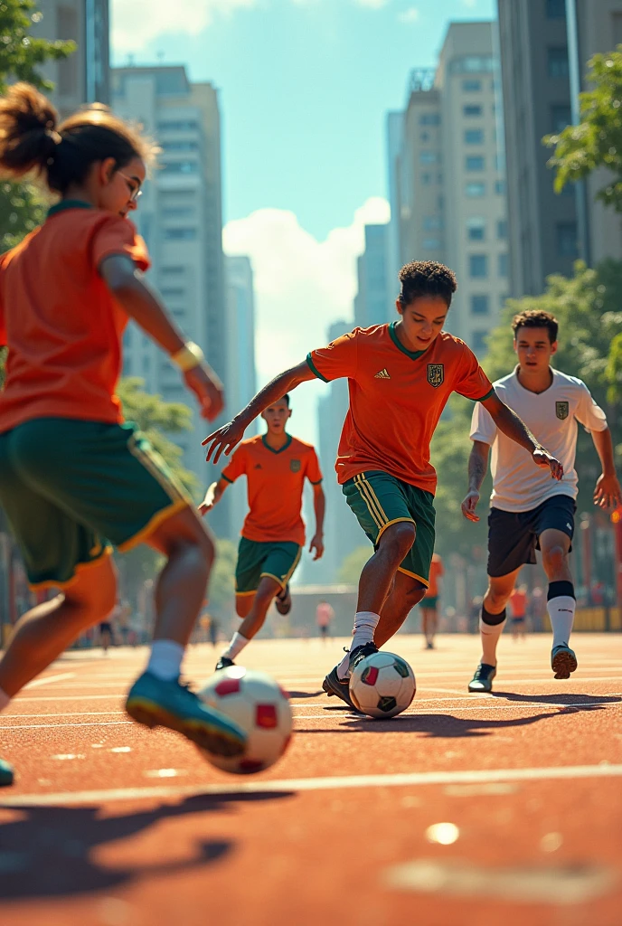 Children playing futebol, alegre, sorridentes, alta resolucao
