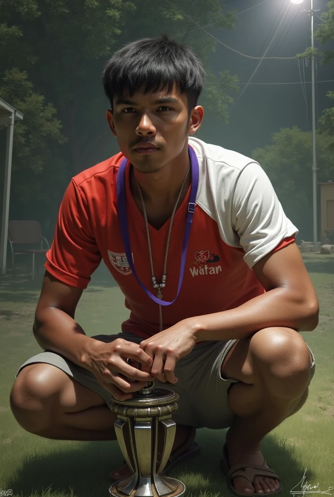 Hyperrealistic pictures of a handsome Indonesian soccer  One soccer is standing and shirtless . The policeman lies on a doctor's chair. His hands and body are attached to the chair with buckles. They're eyes glowing red with spirals inside the pupils. 