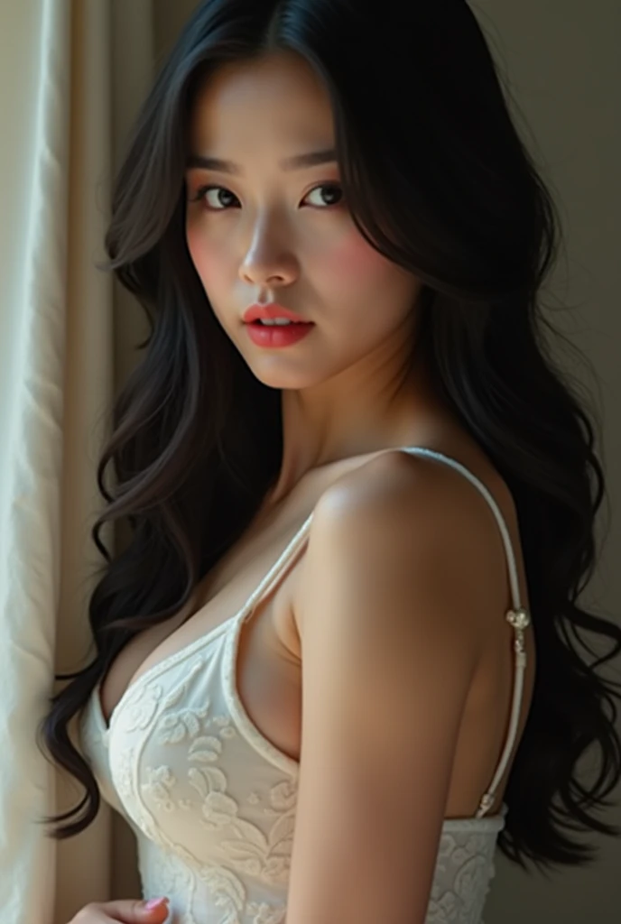 A Korean woman on a sofa, in lingerie with your legs up, showing your natural charm, extroverted personality and sexuality.