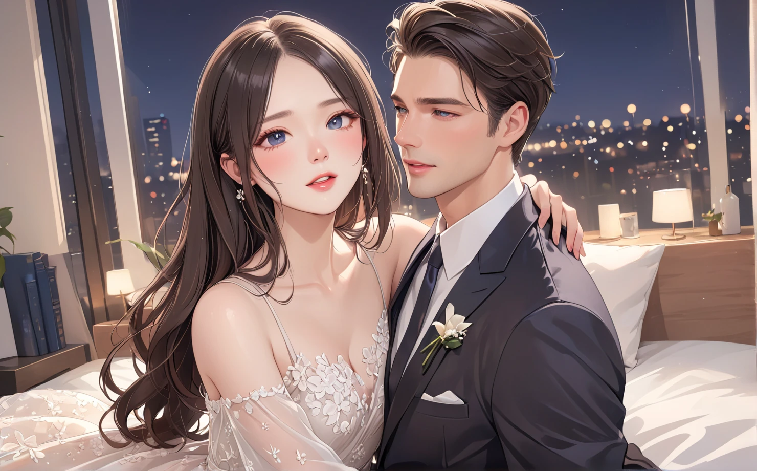 (masutepiece, Digital Art, Digital Illustration, 4K, 8K, Ultra-detailed, beautiful image, Sharp Image, Photorealistic, Raw photo, Perfect face, Perfect lines, Perfect eyes, Soft lighting) ,1 woman, (Long Black Hair,straight haired,Bullish gaze,Beautie,ellegance,Solid makeup,23 y-o woman,small tits:1.3),Two handsome men in suits, (ember,well-muscled,Firm shoulder width, Man's,Boyish hairstyle,English gentlemanly style,Man in his 30s with a cool expression,28-year-old man with bright smile:1.2),Show white teeth and smile(embarrassed from,Shy smile:1.1),shores,Beach,beach wedding、innocent smiles,Laugh、couple kissing、kiss、the kiss、Romance、Mermaid Line Wedding Dresses、Wedding、bouquet of beiragnolia